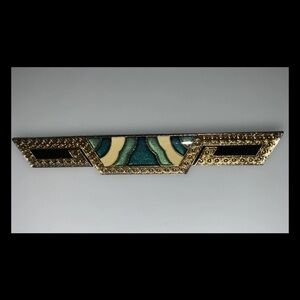 Art Deco Revival Enamel Bar Pin 2.75” Vintage 1960’s  green and gold detailing